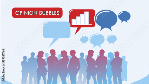 Illustration of a crowd with opinion bubbles and a bar graph in a speech bubble above them all