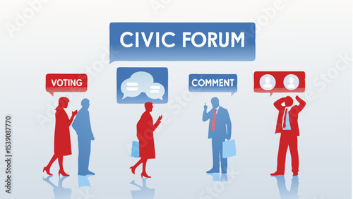 Illustration of people in a civic forum discussing voting commenting and expressing opinions online and offline