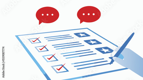 Illustration of a survey form with checked boxes, star icons, speech bubbles and a hand holding a pen