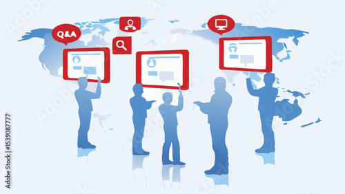 Illustration of people interacting with online content on a world map backdrop in blue and red tones