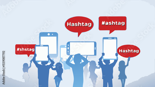 Group of people holding up phones and tablets with hashtag speech bubbles in a light blue background