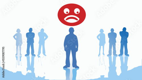 Silhouette of a person under a red sad face emoji standing out from a group of people silhouettes