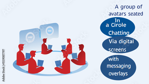 Group of red avatars seated in a circle chatting via digital screens with messaging overlays on a white background