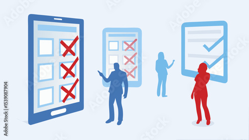 People interacting with digital checklists and forms on tablets and screens in a modern setting
