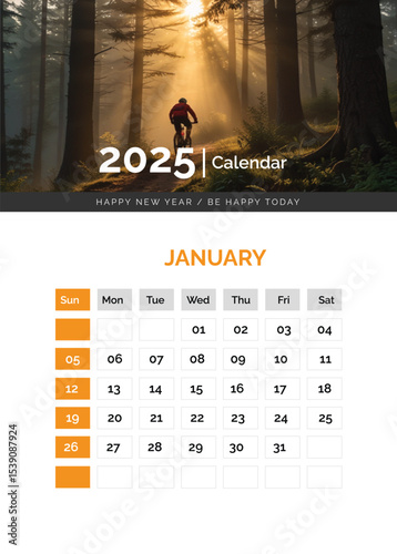 2025 Calendar with Cyclist: A visually striking calendar design for 2025 showcases a cyclist navigating a sun-drenched forest trail, embodying adventure and forward planning, with January highlighted
