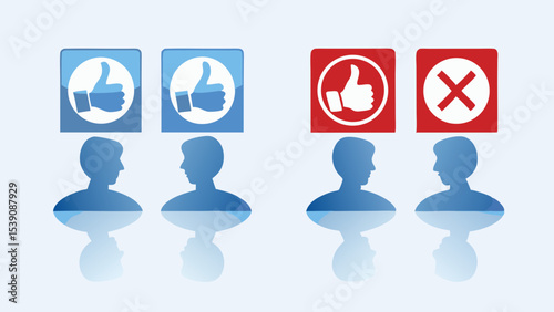 Illustration showing approval and disapproval with thumbs up and cross marks above people profiles