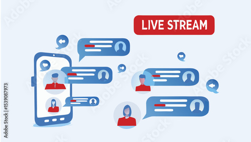 Illustration of a live stream on a mobile phone with messages and user avatars in a social media setting