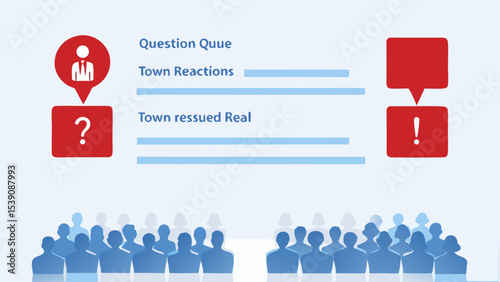 Illustration of a town hall meeting with questions and reactions represented graphically and visually shown