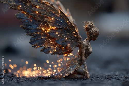 Enchanting fairy sculpture seated gracefully on a dark surface, radiating shimmering lights and creating a magical atmosphere filled with wonder