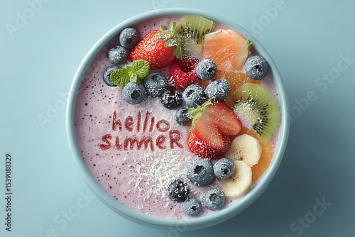 Vibrant summer smoothie bowl adorned with fresh fruits and a playful greeting welcoming the season's delights during a sunny afternoon