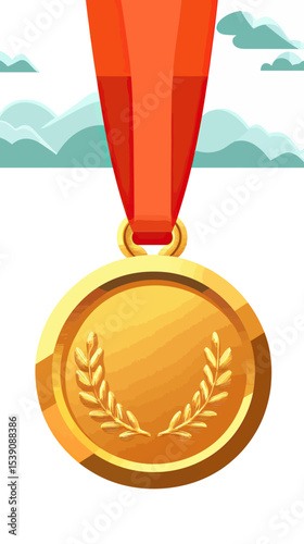 Gold medal with laurel wreath and red ribbon isolated on white background, flat minimalist sports award illustration for competition victory recognition and achievement celebration concept design