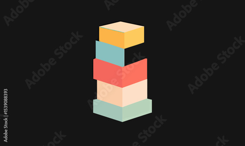Stacked colorful flat geometric blocks in yellow, blue, red, cream, and mint arranged vertically on dark background minimal vector illustration