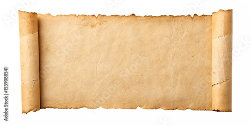 ancient scroll parchment banner with rolled edges and vintage paper texture isolated on white background.