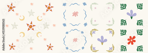 set of minimalist, hand-drawn elements inspired by celestial motifs and botanical forms, featuring crescent moons, various star shapes, delicate flowers, and foliage.