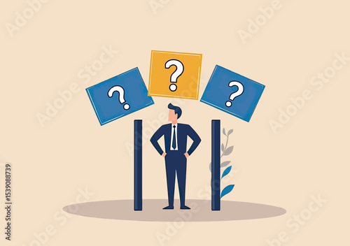 Businessman standing confused between two signposts with question marks representing decision making and dilemma concept in flat minimalist style vector illustration