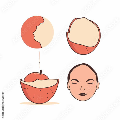 Abstract surreal illustration of peeling apple revealing human face inside with minimal flat style and simple color palette design concept