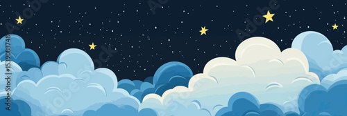 night sky with stars and layered clouds in minimalist flat vector style isolated on dark background seamless panorama illustration for weather or dream theme design
