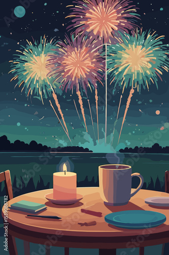 Cozy table setting with a cup and candle, fireworks in the night sky, festive atmosphere