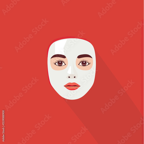 Minimalist flat vector illustration of female face with white facial mask, smooth skin care concept with lips and eyes on red background with shadow