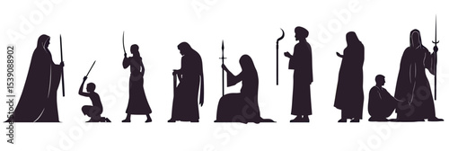 Silhouettes of Arabian men women and children in traditional clothing holding swords and spears standing and sitting in minimalist vector style flat design
