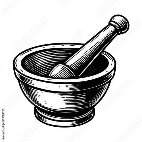 Hand-Drawn Engraving of Mortar and Pestle for Culinary Blogs, Herbal Remedies Websites, Cooking Courses, and Nutrition Education  