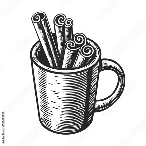 Hand-Drawn Engraving of a Mug Filled with Cinnamon Sticks for Food Blogs, Culinary Websites, Coffee Recipes, and Lifestyle Content  