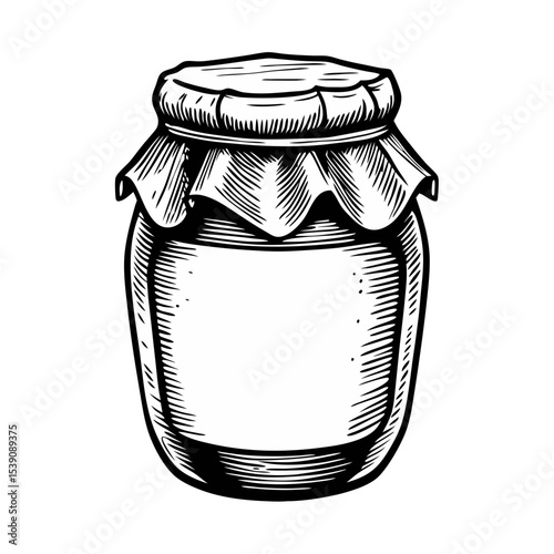 Hand-Drawn Engraving of an Organic Jam Jar with Decorative Lid for Food Blogs, Recipe Websites, Kitchen Decor, and Culinary Articles  