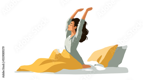 Smiling woman stretching arms in morning sun while sitting in bed with yellow blanket healthy lifestyle