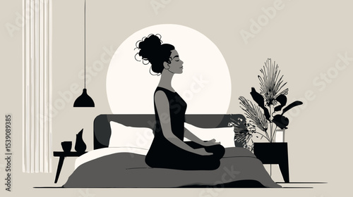 Afro american woman meditating on bed in cozy bedroom with plants and soft lighting healthy lifestyle