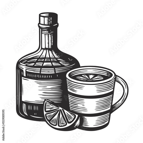 Hand-Drawn Engraving Style of Rum Bottle and Spiced Tea Mug with Lemon Slice for Beverage Blogs, Cocktail Recipes, and Vintage Drink Menus  