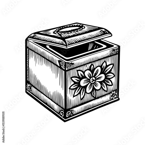 Hand-Drawn Engraving of a Decorative Tea Gift Box with Floral Design for Artisan Blogs, Crafting Websites, Gift Ideas, and Home Decor Inspiration  