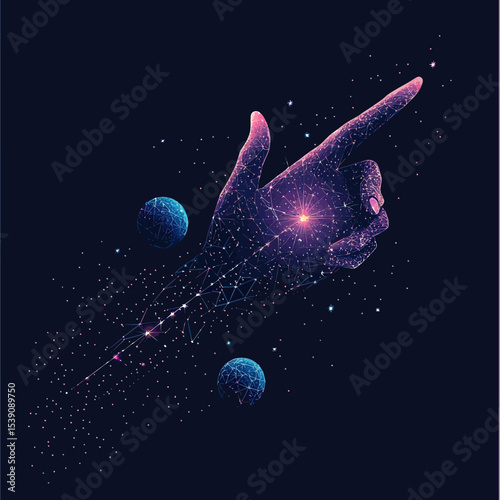Digital futuristic hand pointing with glowing polygonal mesh connected to stars and planets in outer space digital technology concept