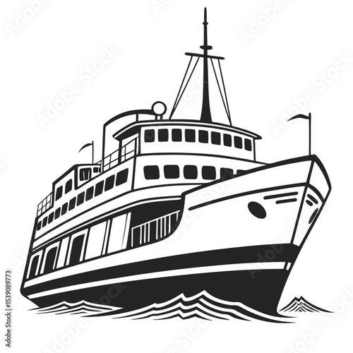 Monochrome Illustration of a Passenger Ferry Boat Sailing on the Open Water Depicting Transportation and Maritime Themes
