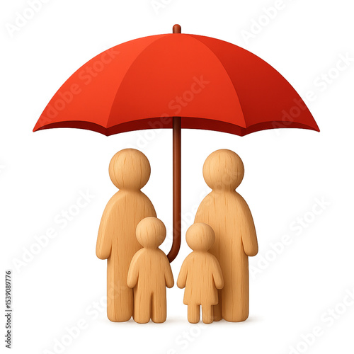 Wooden family figures of two parents and two children standing under a large red umbrella, isolated on a white background, symbolizing family protection, insurance, safety, and family care.