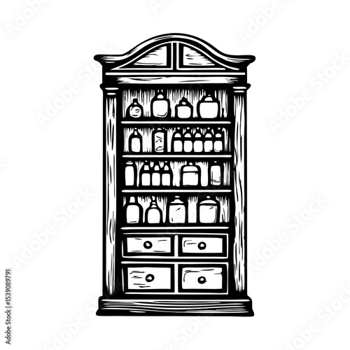 Hand-Drawn Engraving Style Apothecary Shelf with Bottles and Drawers for Blogs, Vintage Websites, Home Decor, Art Education, and Historical Research  