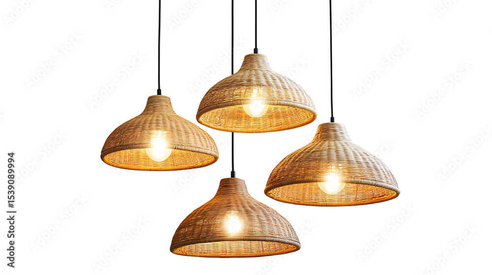 Obraz premium Four Rattan Wicker Ceiling Lamps Warm Light Bulbs image