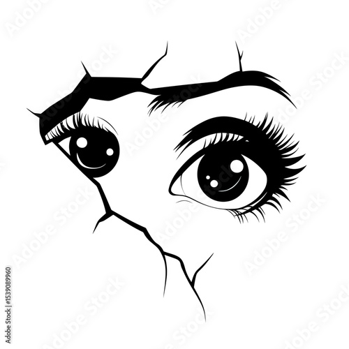 Black and white manga anime eyes peeking through cracked paper tear with detailed eyelashes and highlights minimalist vector illustration