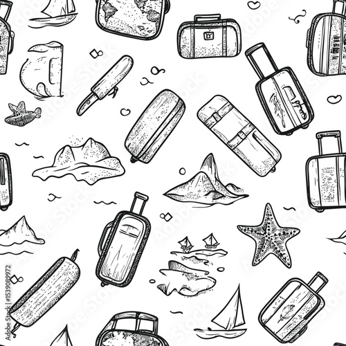 Seamless hand drawn travel luggage suitcase map island sailboat starfish pattern doodle sketch black and white digital pen illustration background wallpaper design