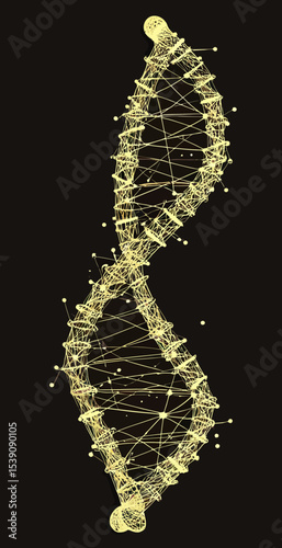 Golden DNA double helix structure wireframe with connecting nodes and low poly style on black background, scientific molecular genetic concept vector illustration