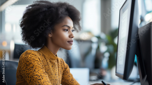 Close-up view of a Black office worker adjusting their monitor while engaged in focused computer work in a modern office environment