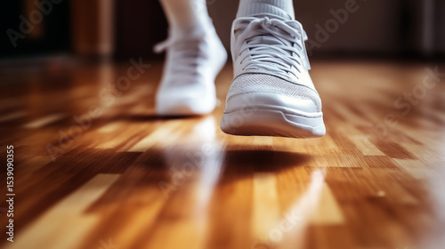 Close-up of sneakers squeaking on polished wooden floor during an intense basketball practice session