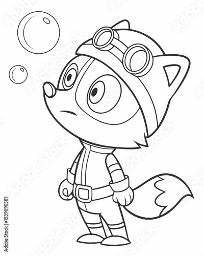 Vector art of cartoon raccoon in space suit looking at bubbles isolated on white