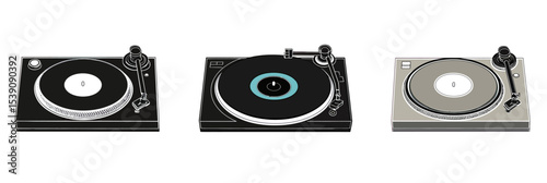 Set of three minimalist flat vector turntables with tonearms and vinyl records in black and beige color variations on white background for music and DJ equipment concept illustration