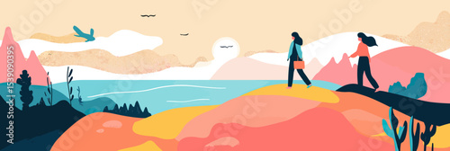 Two women hiking on colorful rocky landscape during sunset with distant mountains, birds flying in sky, and calm sea water background in minimalist flat vector style