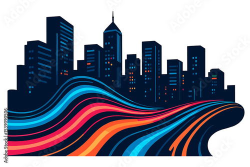 A cyber cityscape is filled with futuristic neon light trails that glow in blue, pink, and orange waves