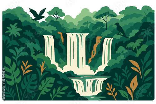 A vector illustration depicts a panoramic view of a tropical rainforest, complete with numerous waterfalls cascading down rugged cliffs, surrounded by a diverse array of flora and fauna, and dynamic