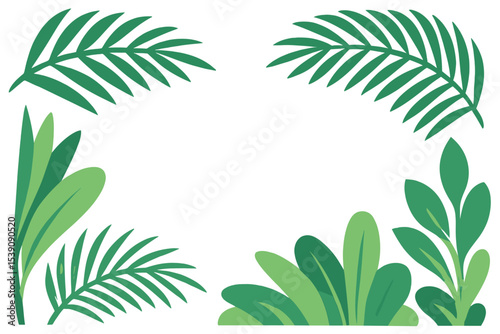 Tropical plants and palm branches serve as decorative elements in the corners