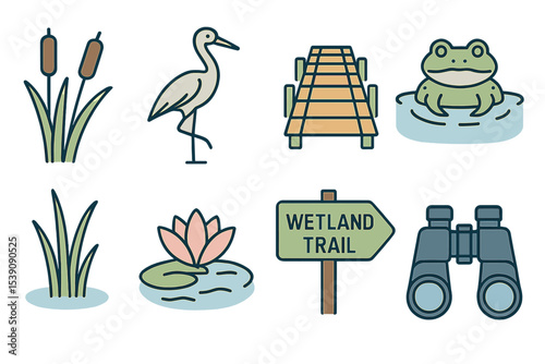 Modern minimalist line style icons depict wetland parks with symbols including cattails, crane, wooden boardwalk, frog in water, reeds, water lily, trail sign, and binoculars