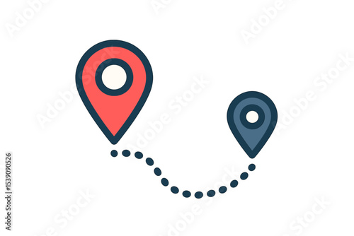 A travel banner illustration features a dotted line path with a location map and pin icon, along with a route location icon and two pin signs
