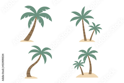 A set of vector illustrations featuring palm or coconut trees on a white background in eps format, symbolizing nature, relaxation, peace, luxury, and elegance